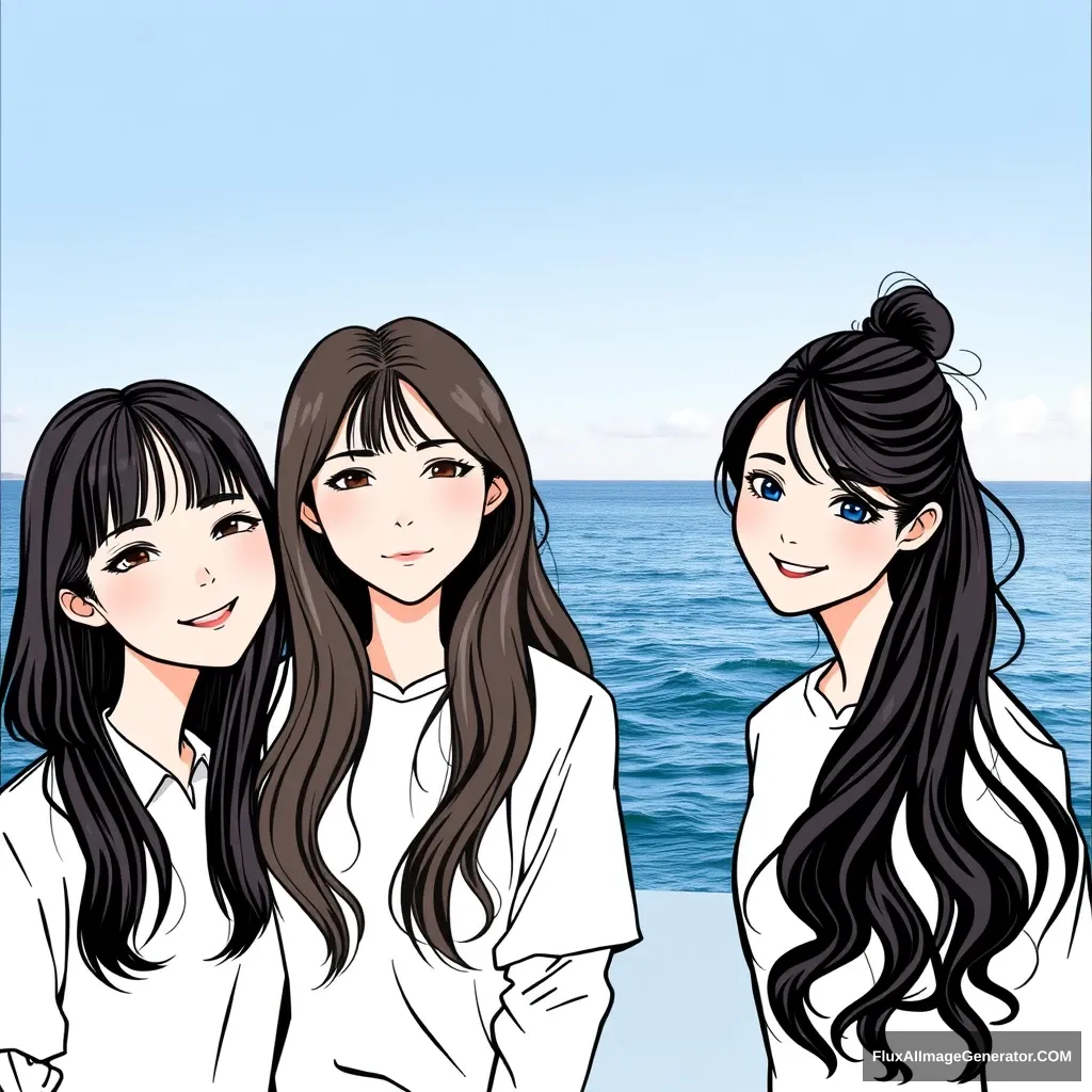 Draw the girl group members as if they were real people. Four Korean girls with the ocean as the background. One has short hair and is smiling, one has long hair and is expressionless, one has medium wavy hair and a V-shape, and one has a ponytail and smiling eyes. They are all wearing white shirts.