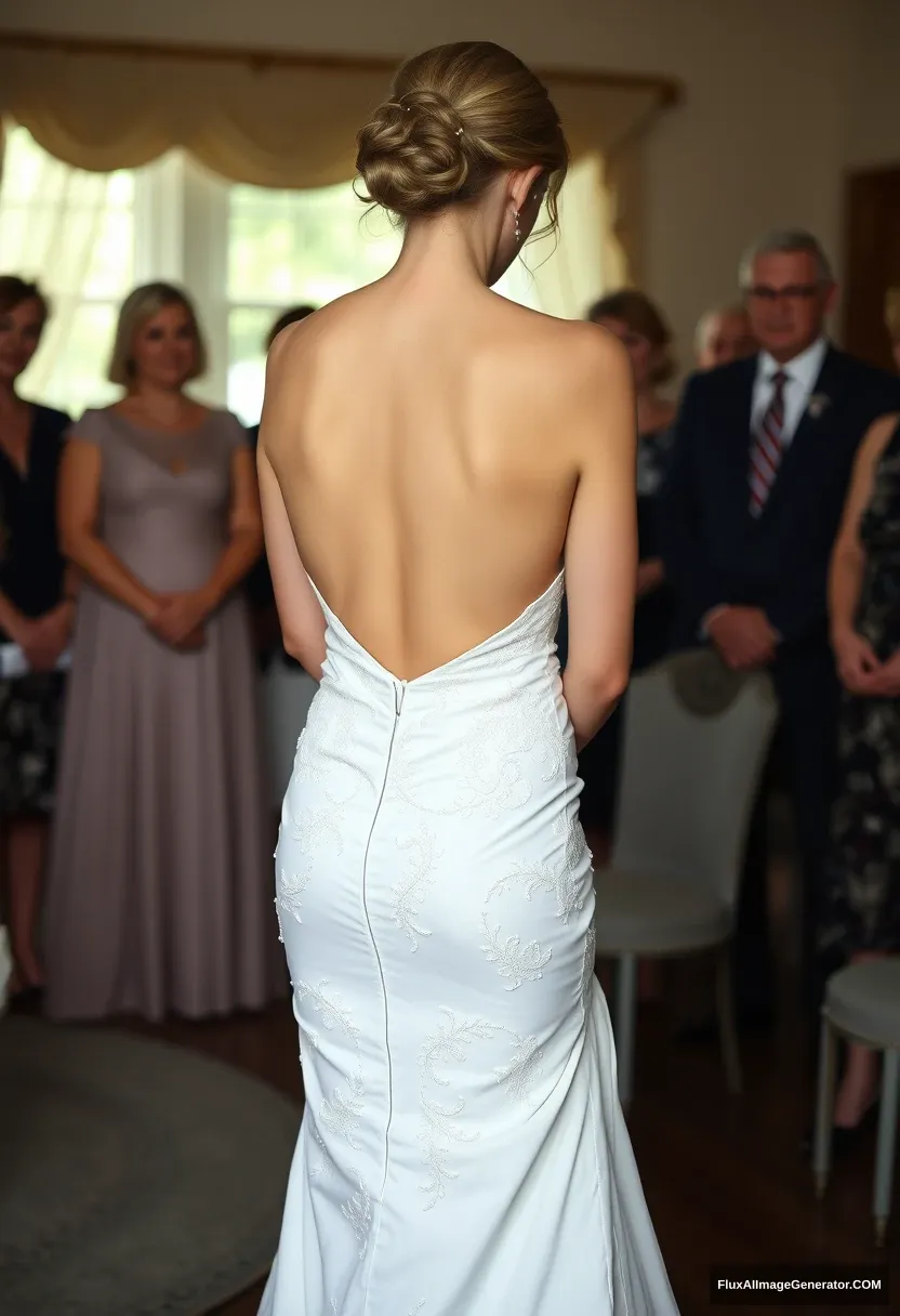 A short young woman, sensitive, delicate, ashamed, wearing a backless, strapless, side-less, low-waisted, open-back contouring wedding dress that's starting to come undone, in front of elder patriarchy, expectations.