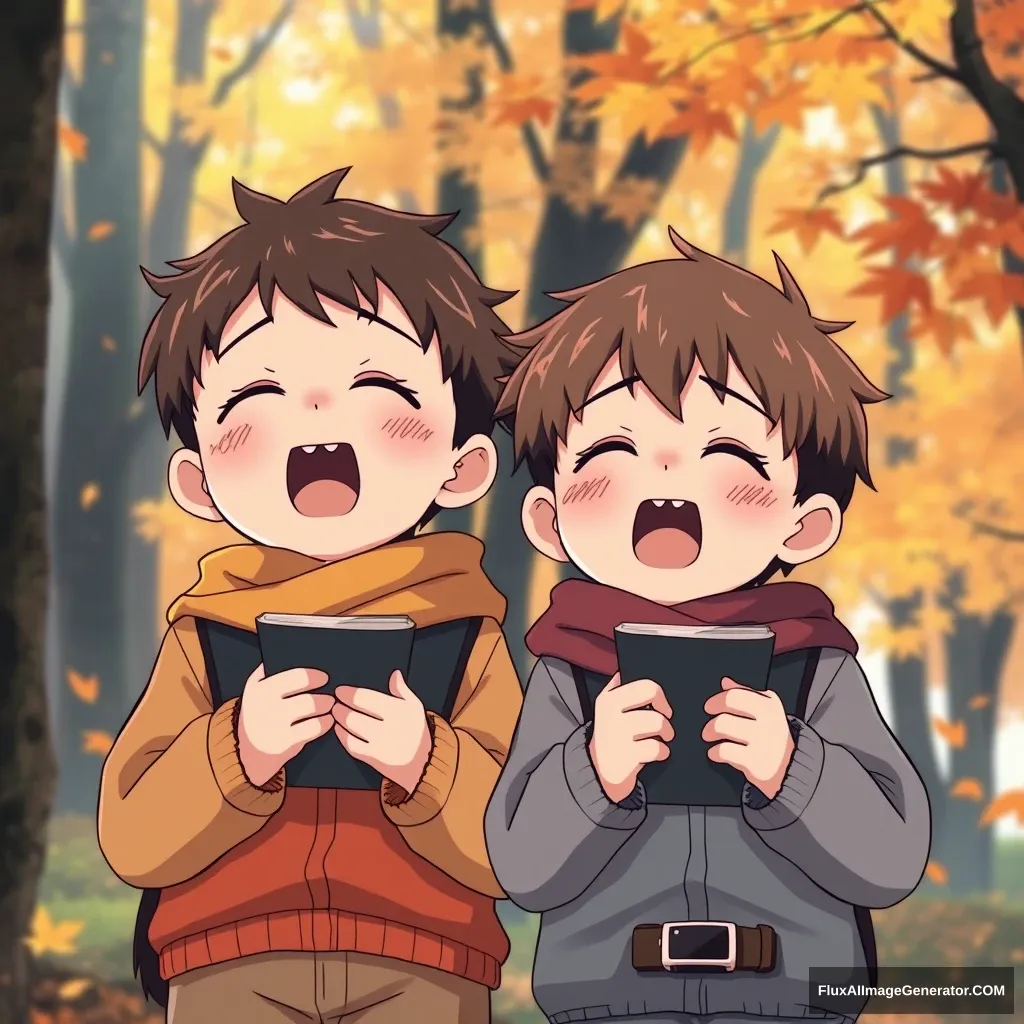 "Two 8-year-old twin boys singing together in the autumn forest. Jibri Anime style." - Image