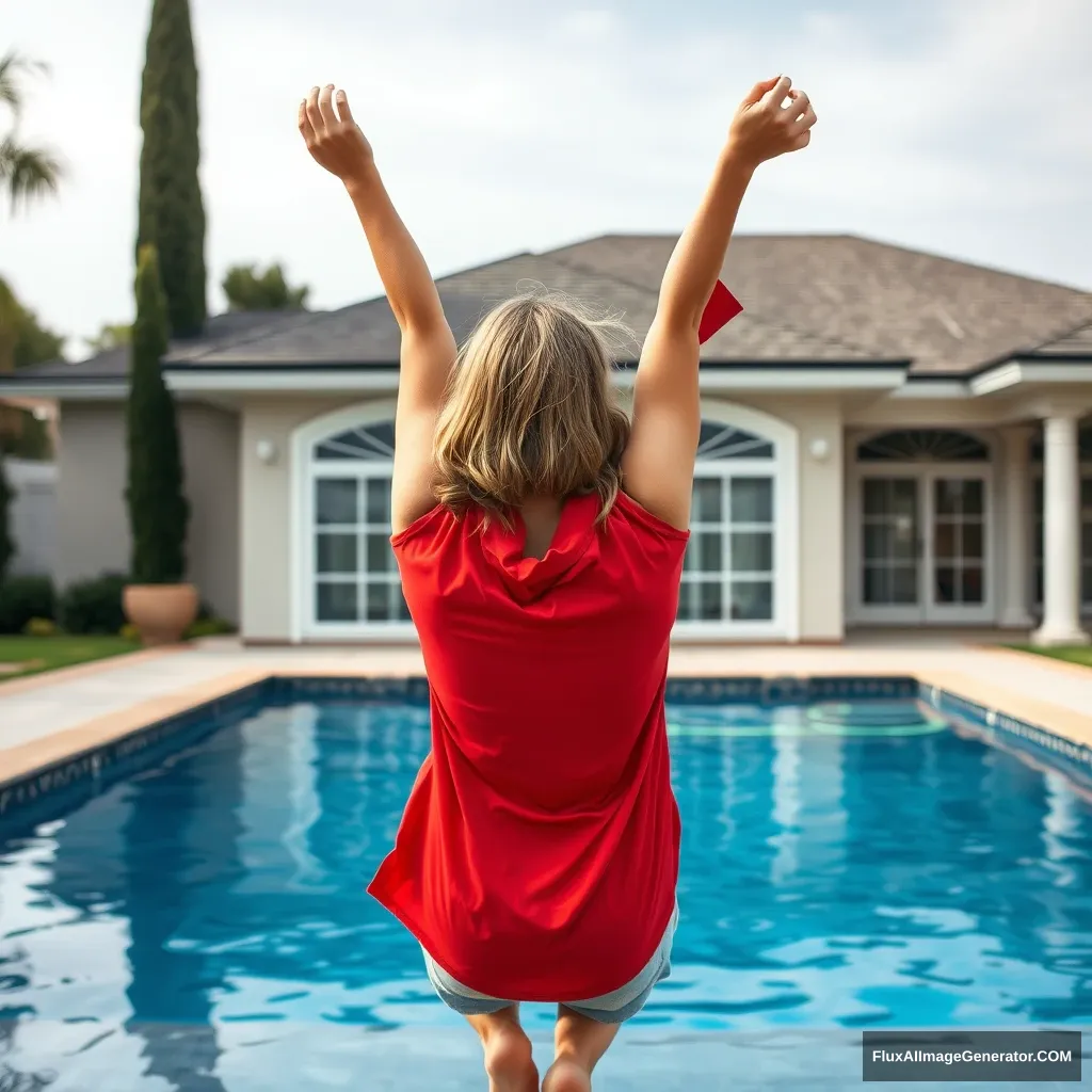 Back view of a young, skinny blonde woman in her early twenties in her large backyard, wearing an oversized red polo t-shirt that is slightly askew on one shoulder. The bottom of her t-shirt is tucked in on all sides, and she is wearing M-sized light blue denim shorts with no shoes or socks. She is diving into her luxurious pool with her arms raised above her head, positioned upside down.