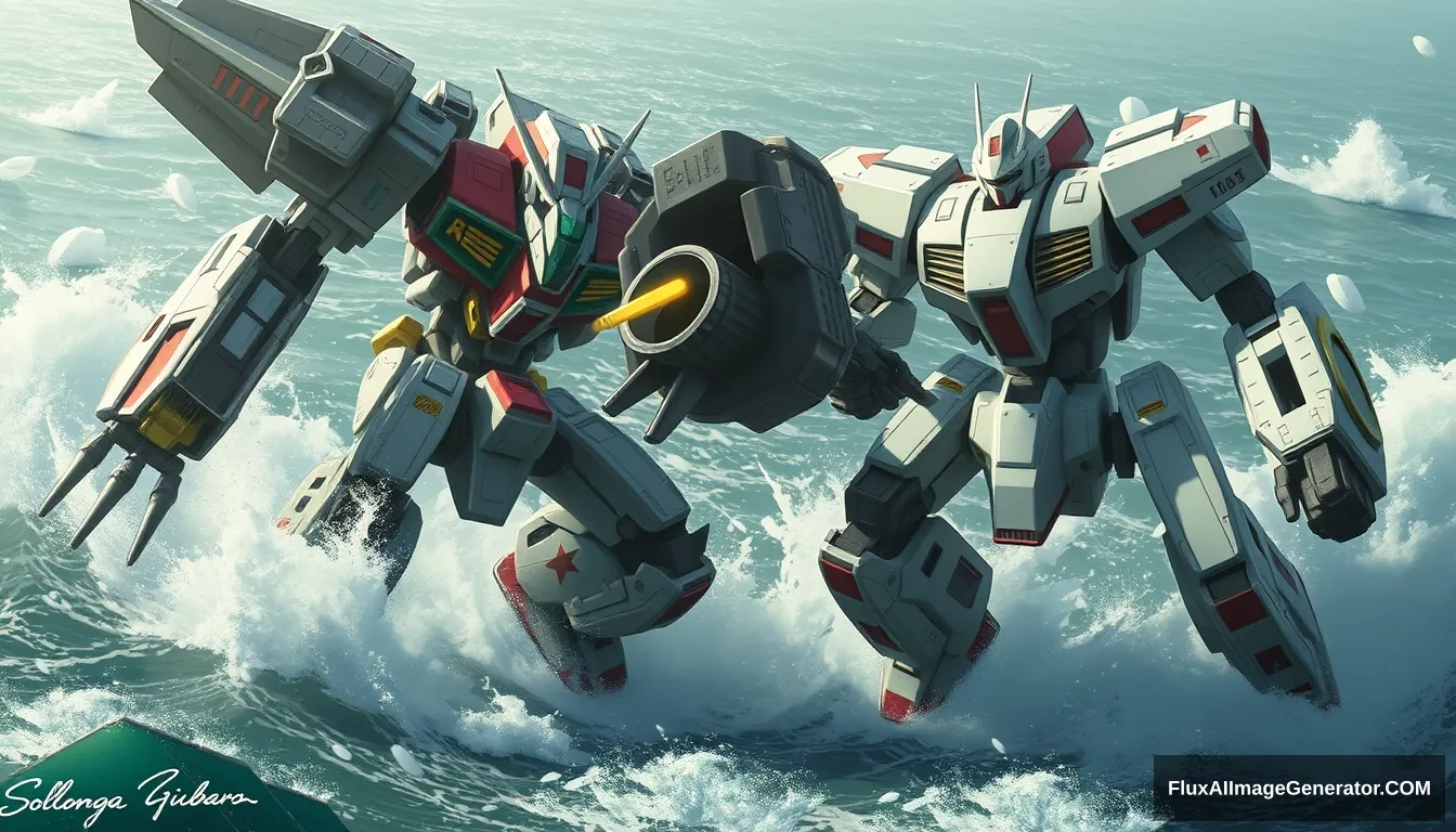 Two different gigantic combat robots fighting each other on the sea with huge tides.