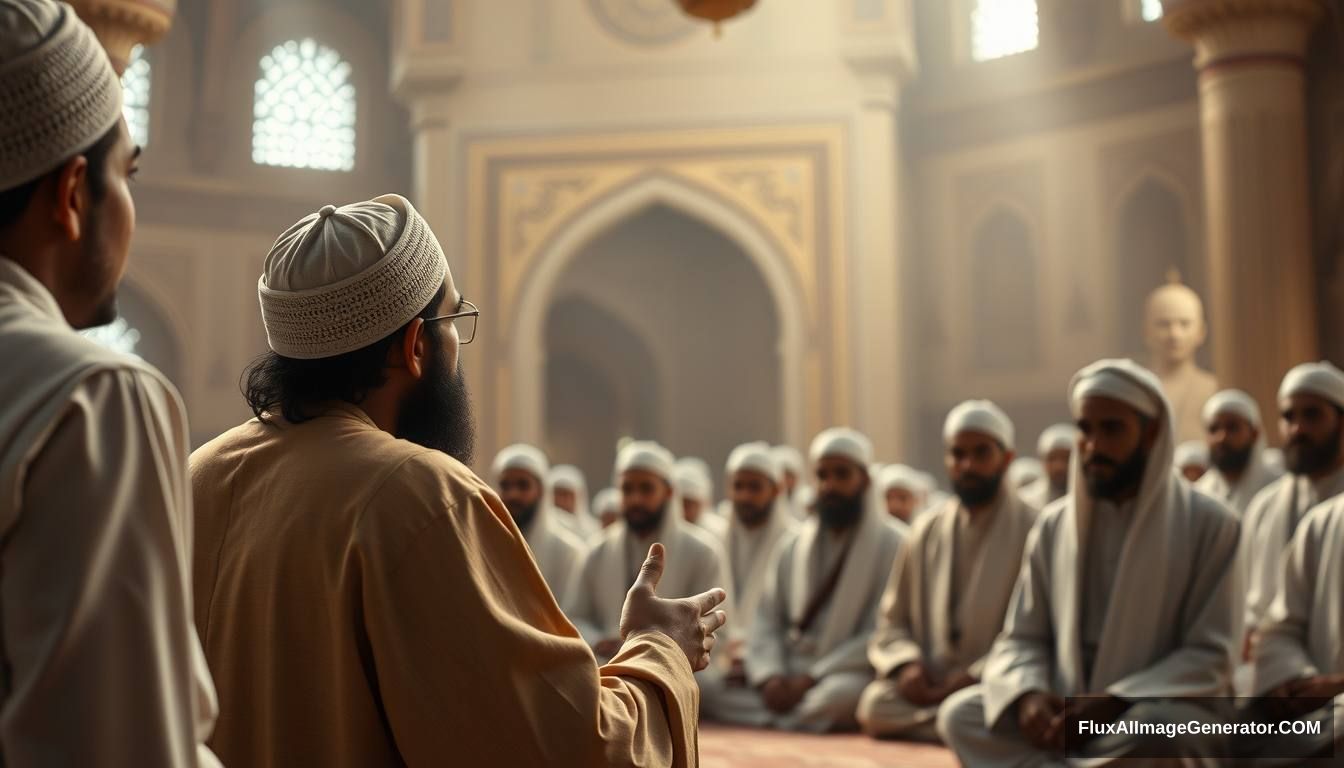 Prophet Muhammad (SAW) addressing his companions in a mosque, explaining the signs of the Dajjal. The scene is filled with calm yet serious expressions, emphasizing the importance of the message. Ultra HD, realistic, respectful, with soft and cinematic lighting. - Image