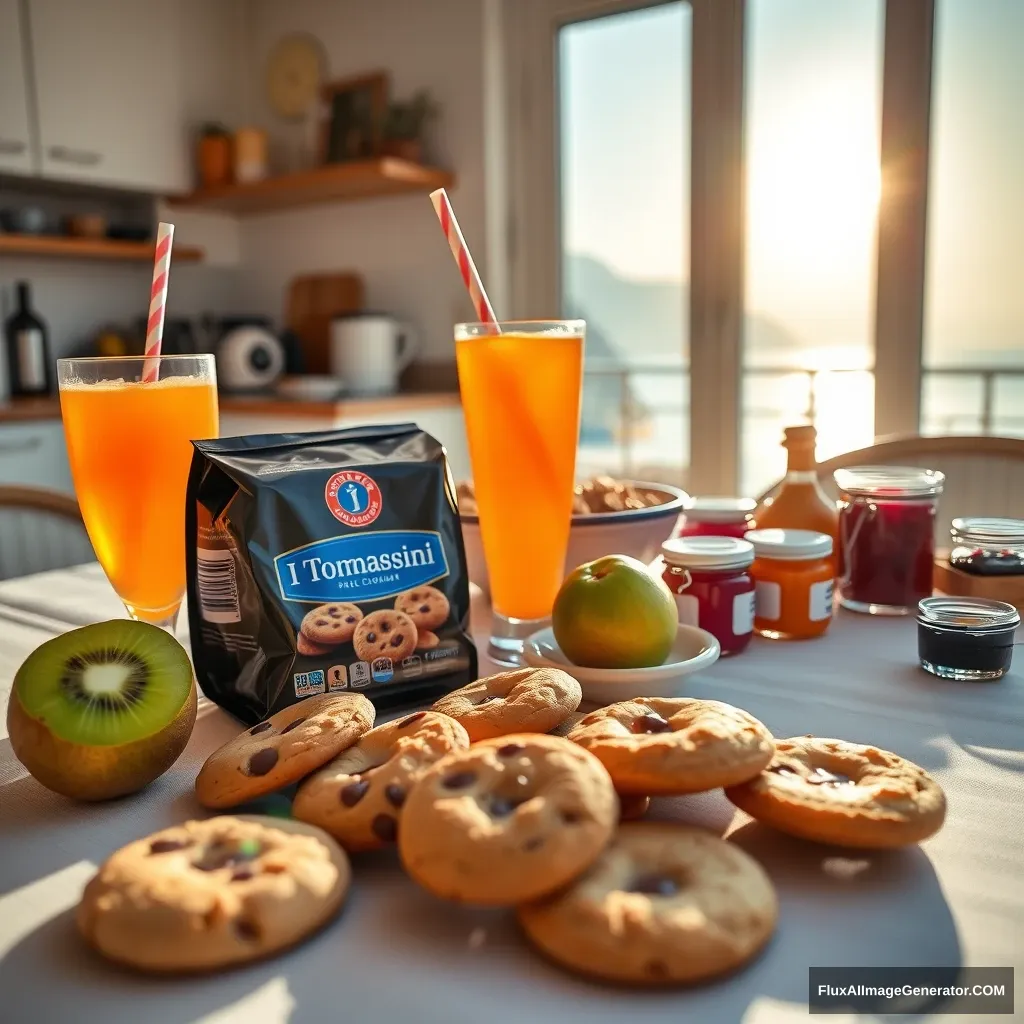 Imagine a sunny Sunday morning, with a table set for a delicious breakfast. In the center, the cookies with the name "I Tommasini" on the packaging are prominently displayed, with some chocolate cookies catching the eye. Next to them, a glass of orange soda with a colorful straw, a fresh kiwi, and a bowl of crunchy cereals. Various brightly colored jams are arranged in small jars, ready to be spread. In the background, a blurred kitchen offers a lovely view of the Amalfi Coast, with the sun gently illuminating the space. The atmosphere is warm and inviting, perfect for starting the day with flavor and tranquility. Technical details: 8k resolution, vibrant and bright colors, focus on the cookies and breakfast elements.