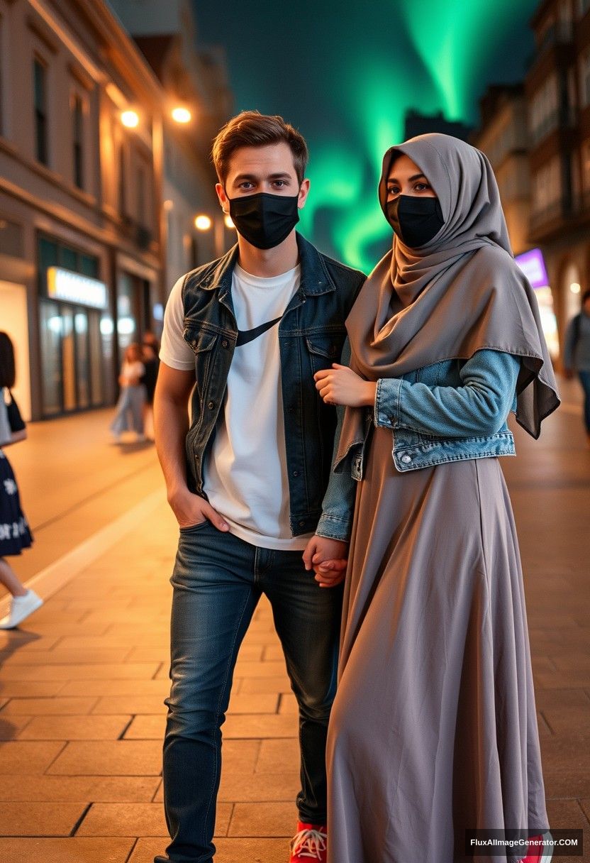 Jamie Dornan, handsome, black face mask, white Nike t-shirt, jeans, sneakers, dating romantically with a Muslim girl in a grey hijab, beautiful eyes, black face mask, jeans jacket, very long and big skirt, not a tall girl, red sneakers, holding hands, in town, black glasses, photorealistic, street photography, full photography, selfie photos, night scenery, aurora.