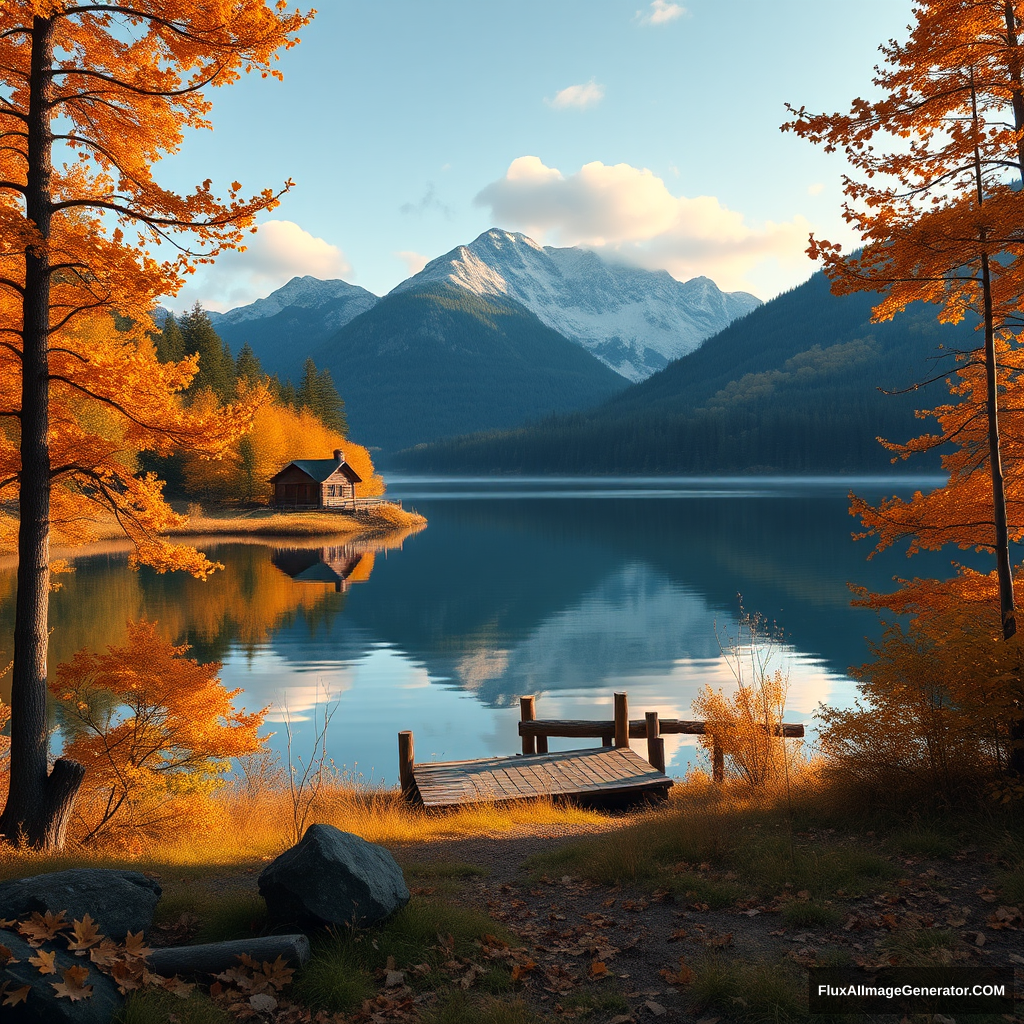 Create a full frame Pixar-style 8k image with 1520x1440 aspect ratio of a cabin by a lake in the Fall. - Image