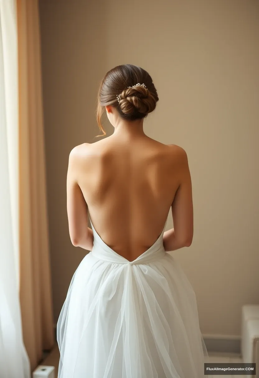 A short young woman, sensitive, delicate, ashamed, backless strapless side-less low-waisted wedding dress, in front of patriarchy, expectations. - Image