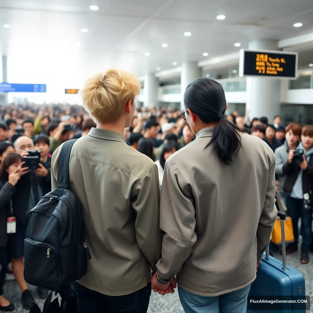 A man with curled, blonde ear-length hair and a man with low pony-tailed ebony hair are holding each other's hands in front of a huge crowd of fans at the airport, showing their backs. Both have a K-pop idol style, and the blonde man is taller.