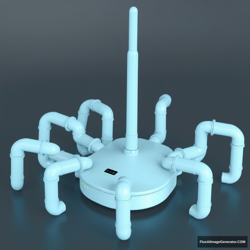 3D render of a wireless router shaped like a spider robot made of pipes, background monochrome, light blue color.