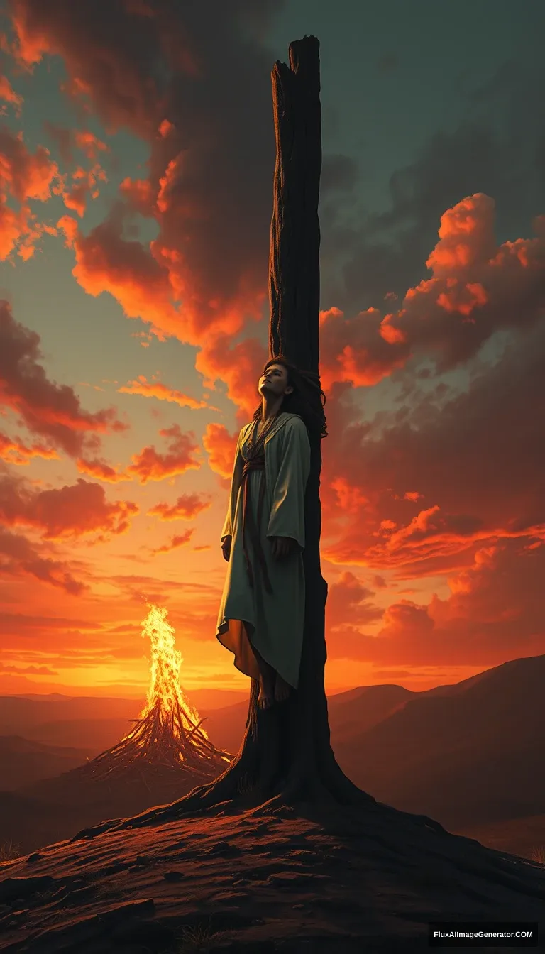 A lone figure, dressed in white robes, is tied to a towering wooden stake on a barren hilltop. The sky is ablaze with an orange and red sunset as flames consume the pyre. The figure's face is turned towards the heavens, expression serene and accepting. Dramatic lighting, cinematic, highly detailed, digital painting. - Image