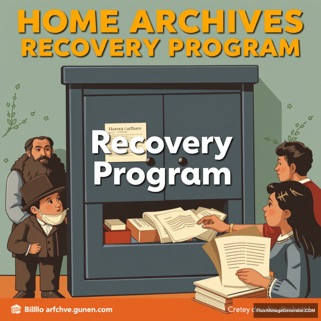 Create a promotional poster for a program called: Home Archives Recovery Program. The poster should depict historical figures from Guanajuato and other citizens depositing documents into an archive cabinet.