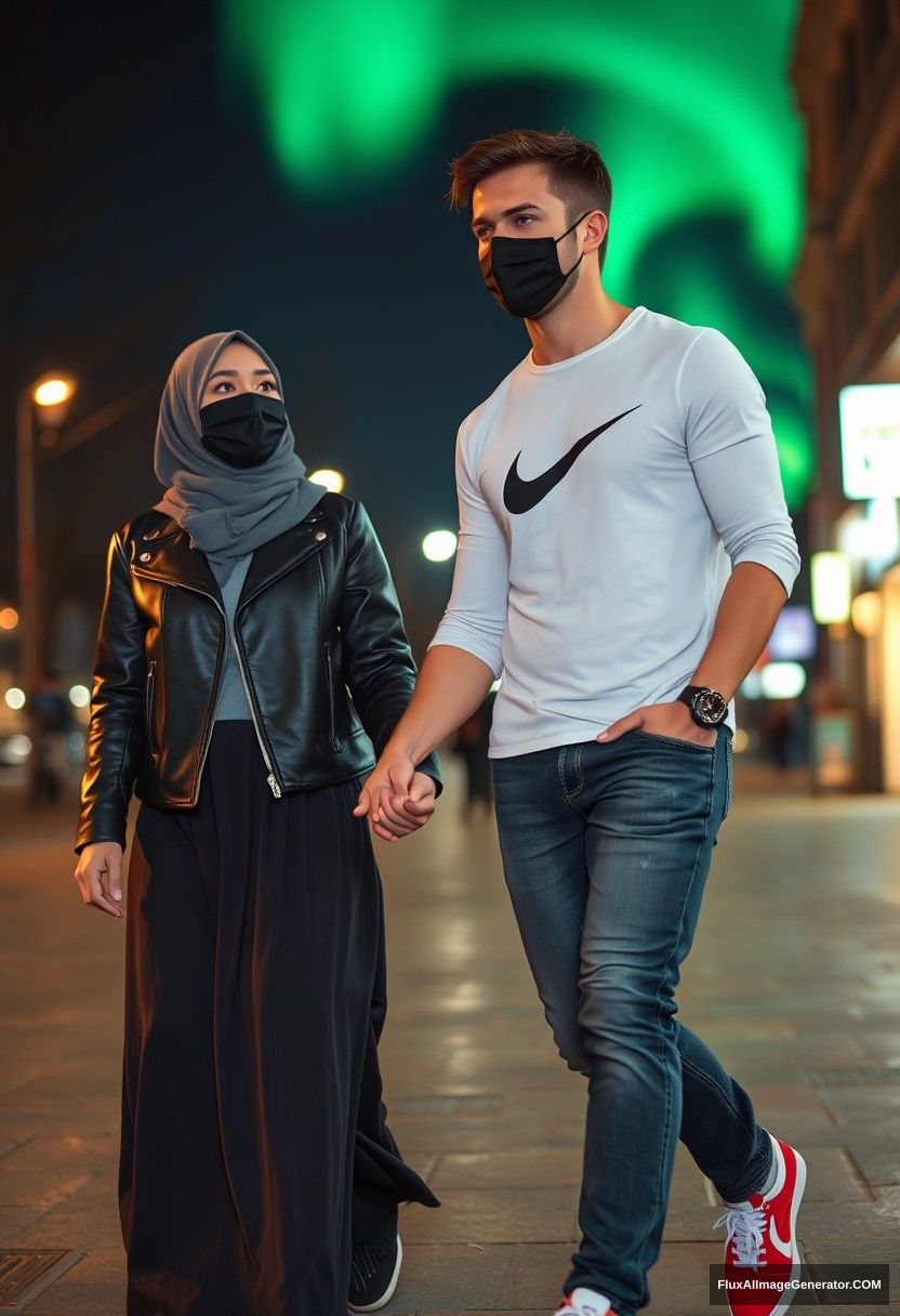 Jamie Dornan, handsome, black face mask, long sleeve white Nike T-shirt, jeans, sneakers,

dating in a romantic setting with a grey hijab Muslim girl, beautiful eyes, black face mask, leather jacket, very long and large skirt, not a tall girl, red sneakers,

holding hands, walking together in town, photorealistic, street photography, full photography, selfie photos, night scenery, aurora.