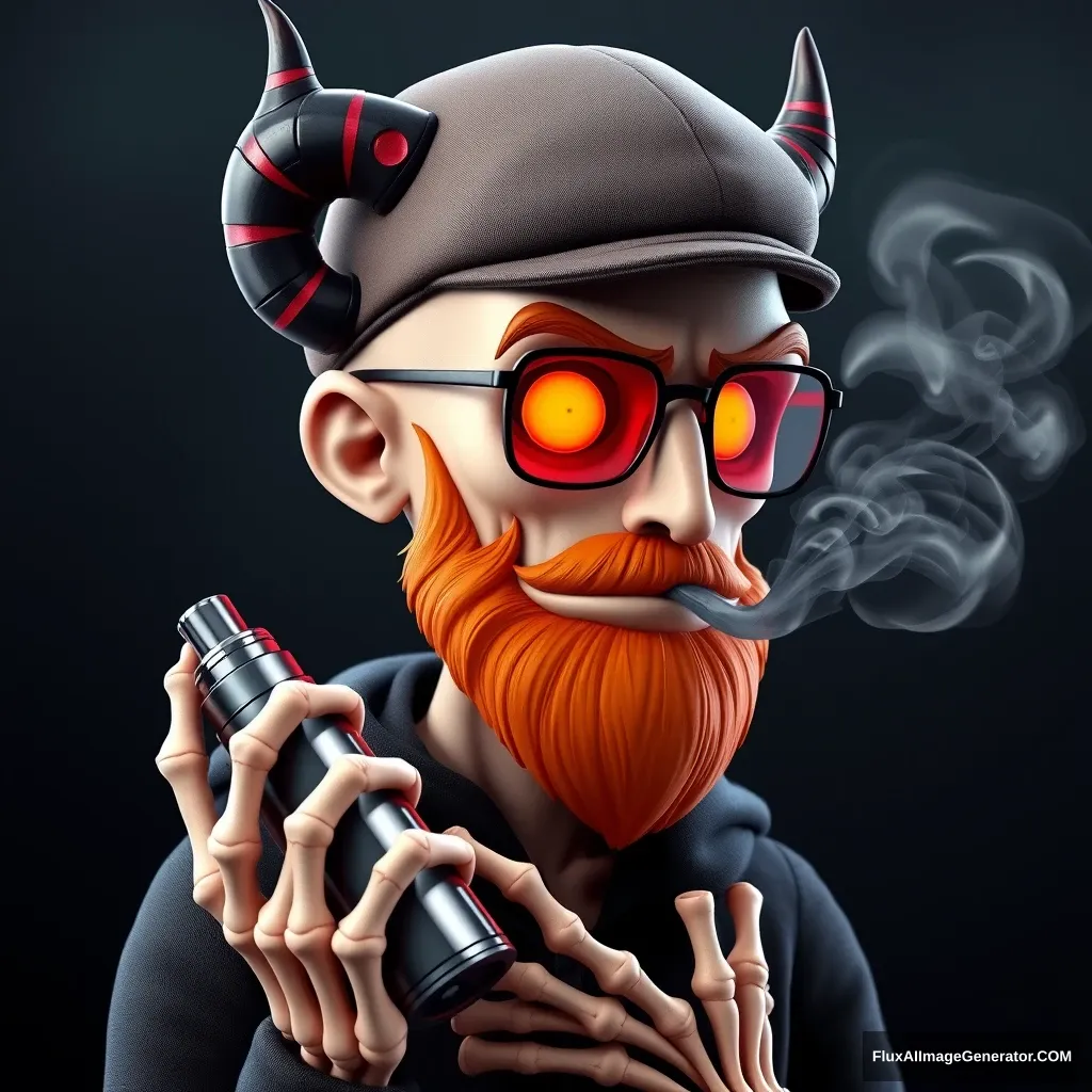 Three-quarter view of a sinister, bald cartoon human male with subtle necromancer features. Demonic obsidian horns contrast with a short, fiery ginger beard. Weathered flat cap and aviator glasses, hellfire glowing eyes. Skeletal fingers clutch a chrome vape mod, exhaling dense, swirling vapor clouds. 3D rendered.