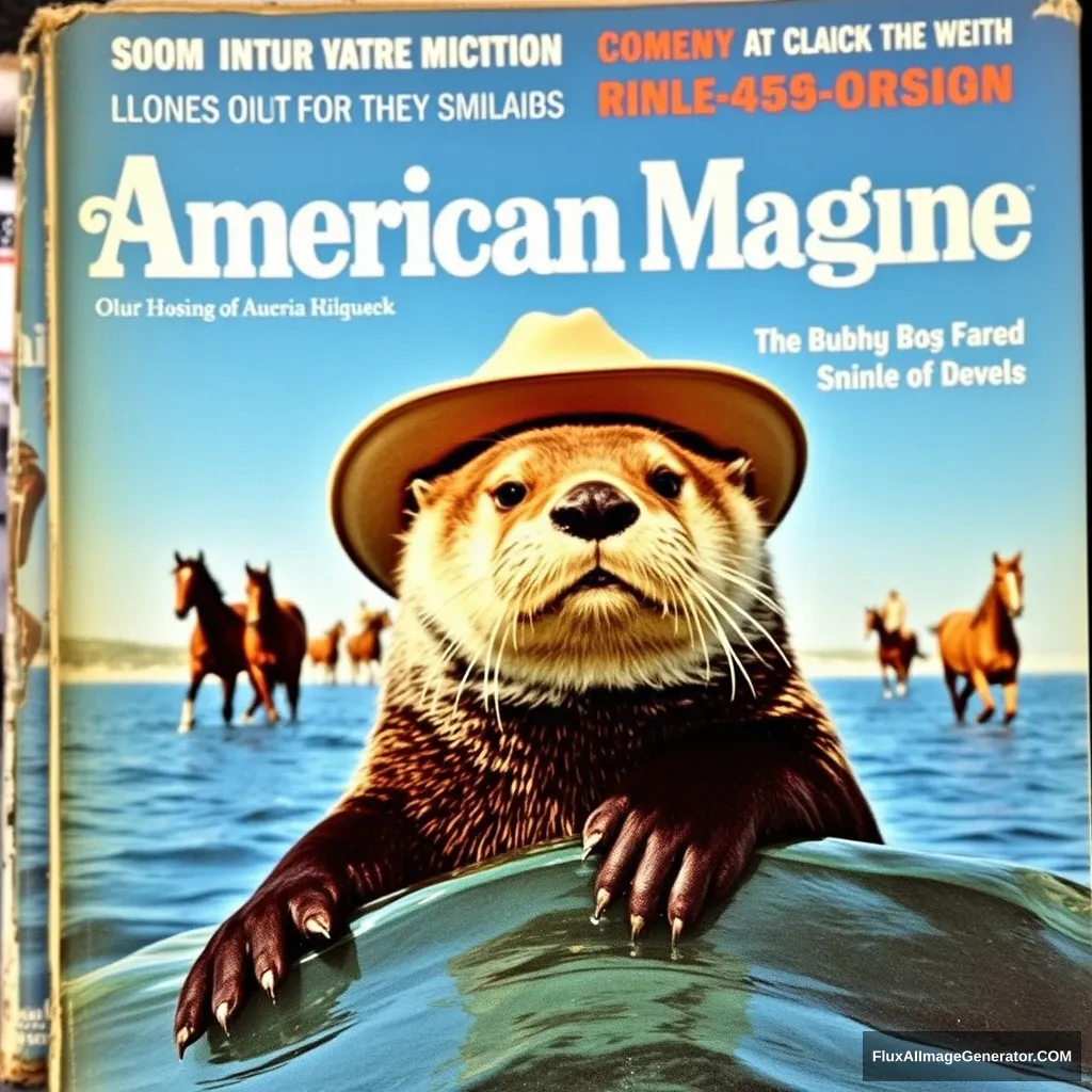 Sea otter on the cover of a 60s American magazine, cowboy hat, real photo, magazine cover, horses.