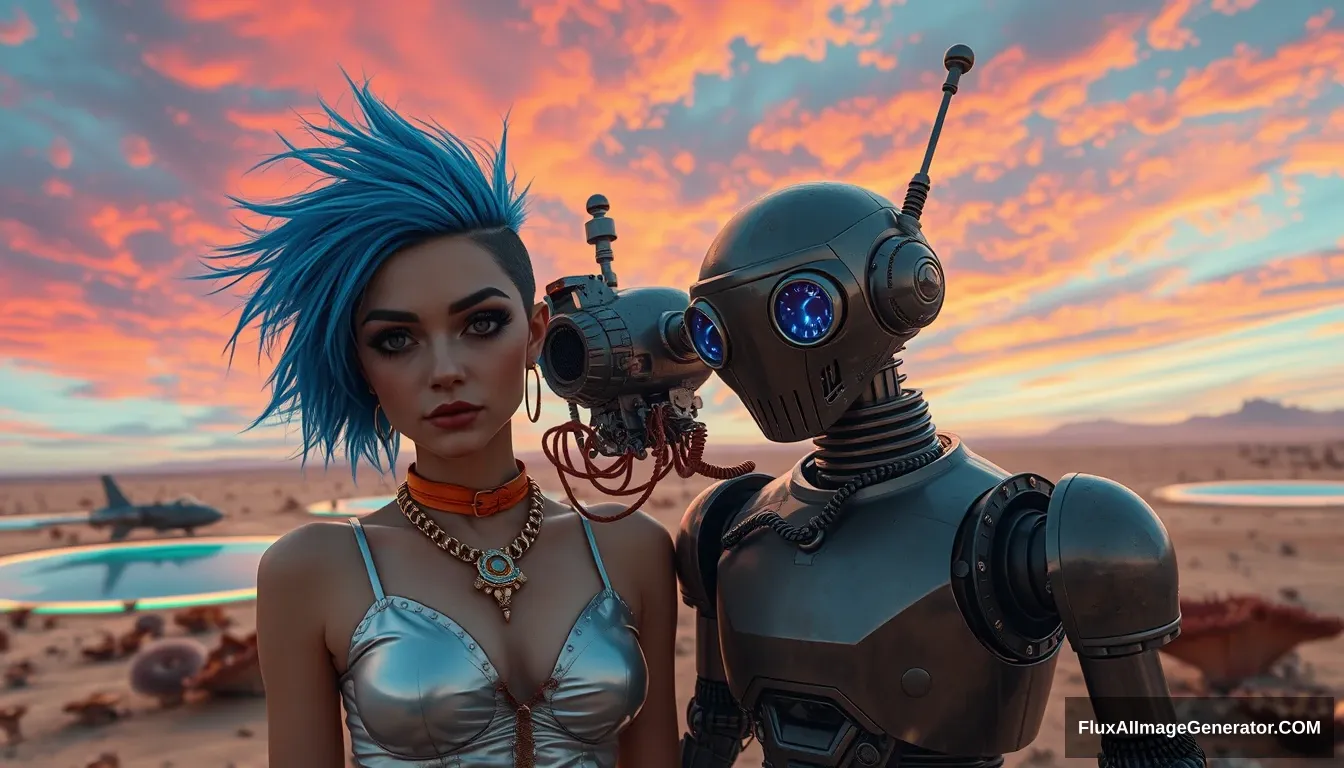 Cinematic Photo of a couple in the intricate style of Enki Bilal: A deliciously attractive punk girl with electric blue spiky hair and a charming retro-futuristic robot. Small spaceship nearby. Scene: on a surreal alien desert adorned with iridescent fungi and shimmering lakes, all beneath a vibrant, dreamlike sky. - Image