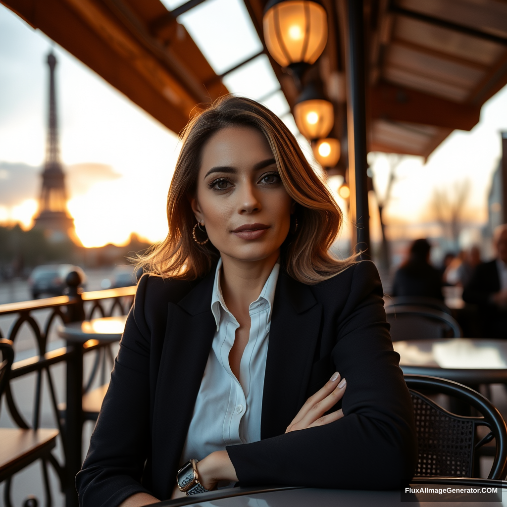 Close-up of a stunning businesswoman sitting at a café in Paris at sunset. - Image