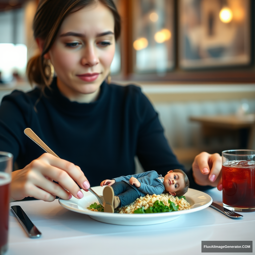 Young woman eating in a restaurant with a tiny adult man (5cm tall) lying on her plate. There is nothing else on the plate. Both are realistically depicted.