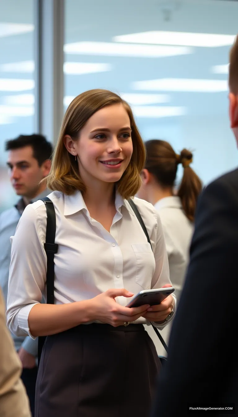 An office girl (Emma Watson) talks to her friends.