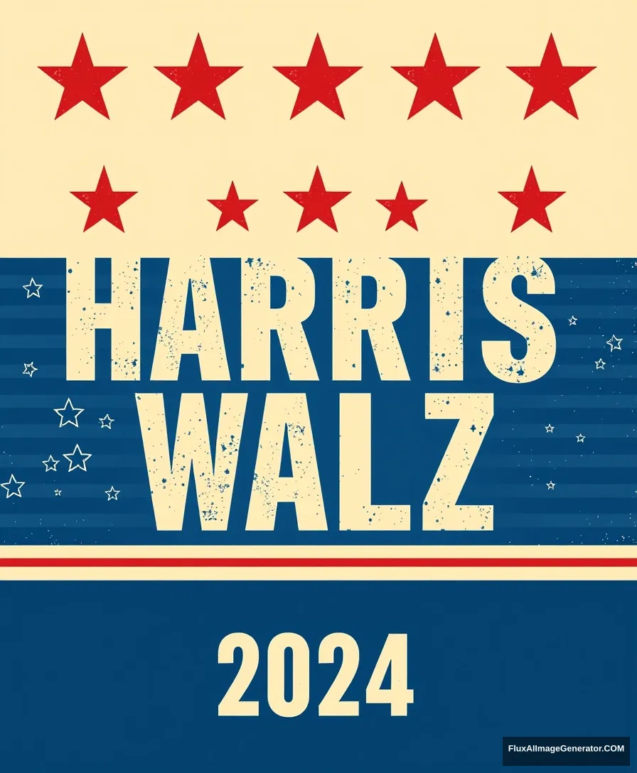 A striking and bold campaign poster featuring the names "HARRIS" and "WALZ" stacked together, with the year "2024" below them, suggesting a hypothetical presidential ticket. The design exudes patriotic energy with red stars above and below the text, and blue horizontal lines framing the names. The grunge font and style give it an edgy and modern feel, appealing to a younger and more diverse audience. The overall impression is of a powerful statement for change and representation in the world of politics. - Image