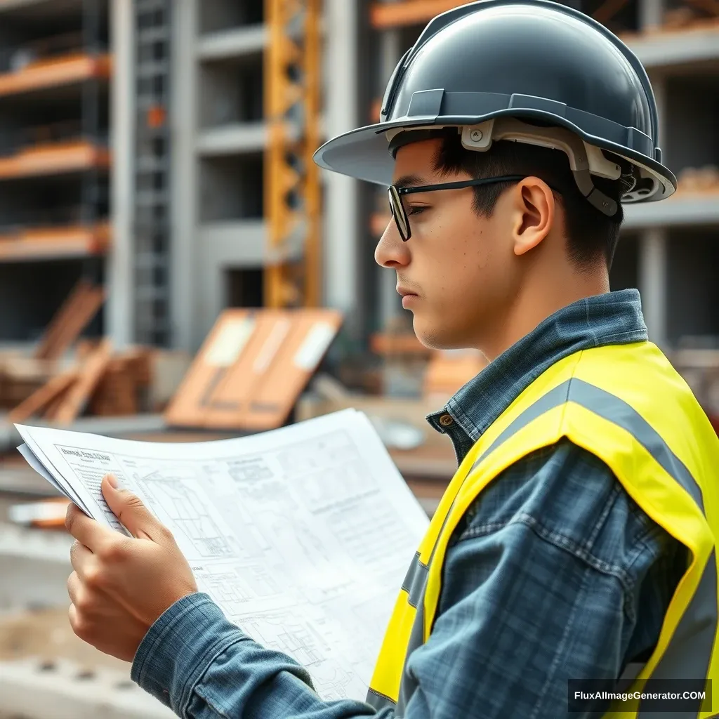 A young building engineer reflecting on a plan at his construction site.