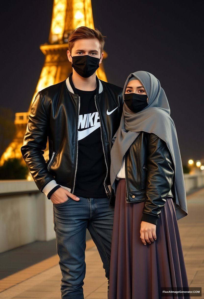 Jamie Dornan, young, black face mask, collage jacket, Nike t-shirt, jeans, tall man, fit body,

Dating, love with the biggest grey hijab Muslim girl, beautiful eyes, black face mask, leather jacket, biggest longest skirt, cute short girl,

standing near the Eiffel Tower, night scenery, hyper-realistic, photorealistic, street photography.