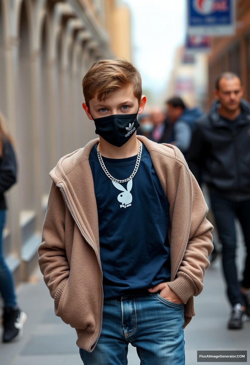 Jamie Dornan, youngest, blue eyes, wearing a silver Playboy necklace, black face mask, dark blue Adidas t-shirt, sweater jacket, jeans, black sneakers, fit body, photorealistic, street photography, full photography.