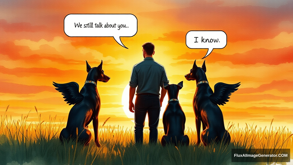 Watercolor illustration: male figure in meadow at golden hour, silhouetted against vibrant sunset sky. Three winged canine Doberman companions sat beside, facing away from the viewer. Speech bubbles float above: "We still talk about you" (person), "I know" (dog). Nostalgic atmosphere, brushstrokes convey wistful longing. - Image