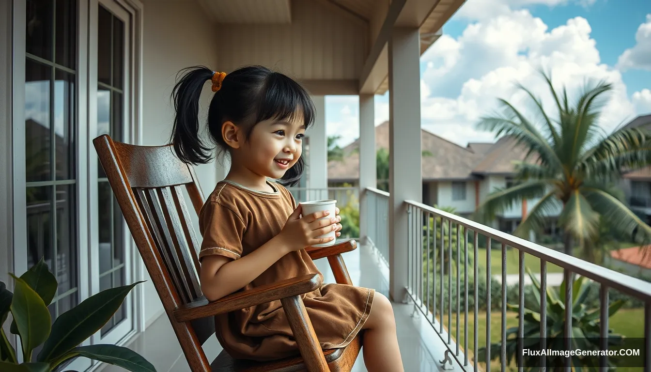 The style of Hirohiko Araki Kubrick, a 3-year-old Thai beauty girl, with ponytails, wearing a brown sports dress, sitting on a rocking chair, sipping hot coffee, chilling on the balcony of a house in Chonburi, enjoying the morning atmosphere with blue clouds, cool wind in front of the house, with a garden, banana trees, coconut trees, heavy rain atmosphere, Oil painting, sharp 3D, 40k, pastel color, smiling. - Image