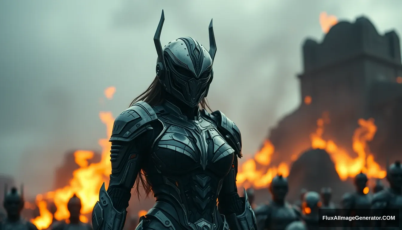 Cinematic shot of a female cyborg Valkyrie rising from ashes, armor, full helmet, futuristic, standing on a battlefield, movie scene, film grain, realistic. - Image