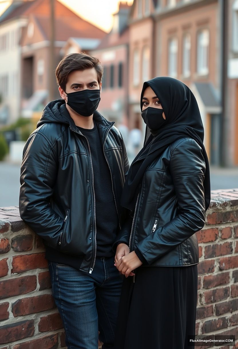 Jamie Dornan, handsome, young, black face mask, collage jacket, jeans, dating a beautiful Muslim girl in the biggest black hijab, with beautiful eyes, black face mask, black leather jacket, the largest skirt standing laid against a brick wall, town, morning scenery, sunrise, photorealistic, street photography.