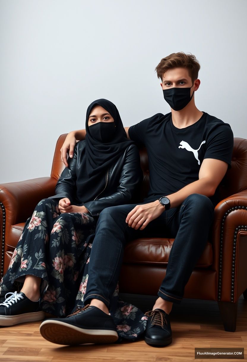 A biggest black hijab girl, slim girl, beautiful eyes, face mask black, black leather jacket, biggest floral long dress, black leather sneaker, sitting on leather single wing sofa,

Jamie Dornan, youngest, puma black T-shirt, jeans, black leather sneaker, tall man, face mask black, fit body, sitting near her,

hyper realistic, studio photography. - Image