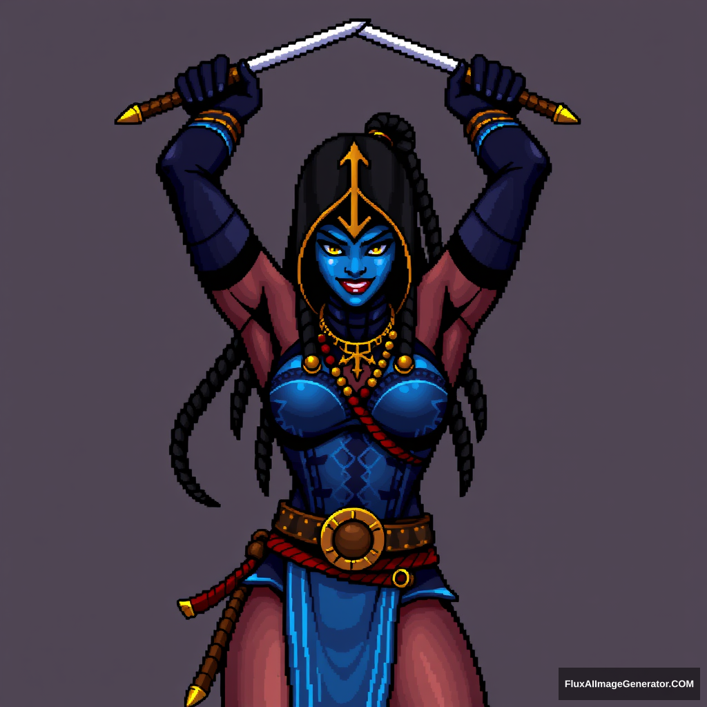 Kitana from Mortal Kombat, arms crossed above her head with weapons in her hands, pixel art - Image