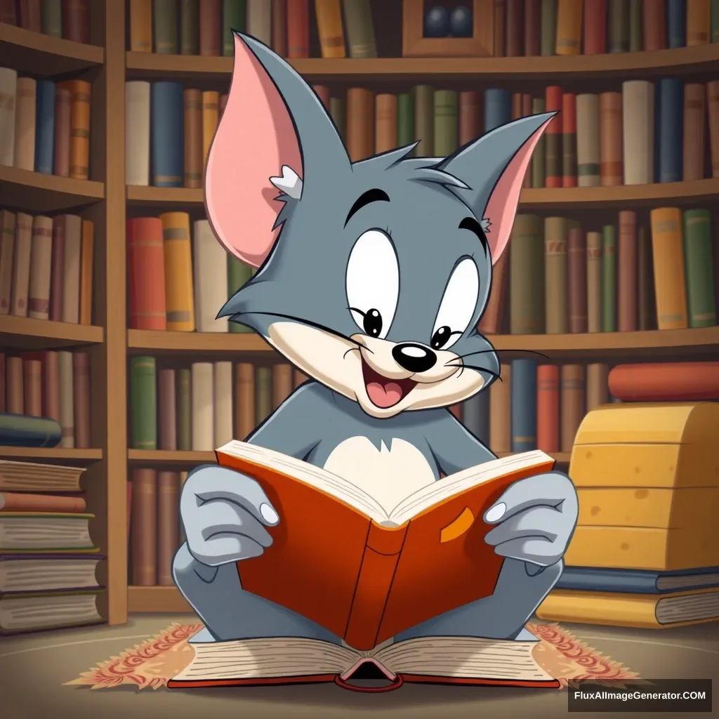 "Please bring Jerry's image to life. Jerry is reading a book in his room, and the background should create a space filled with bookshelves. Please describe Jerry's characteristics well. Jerry is a cute and small image. Also, please show some cheese."