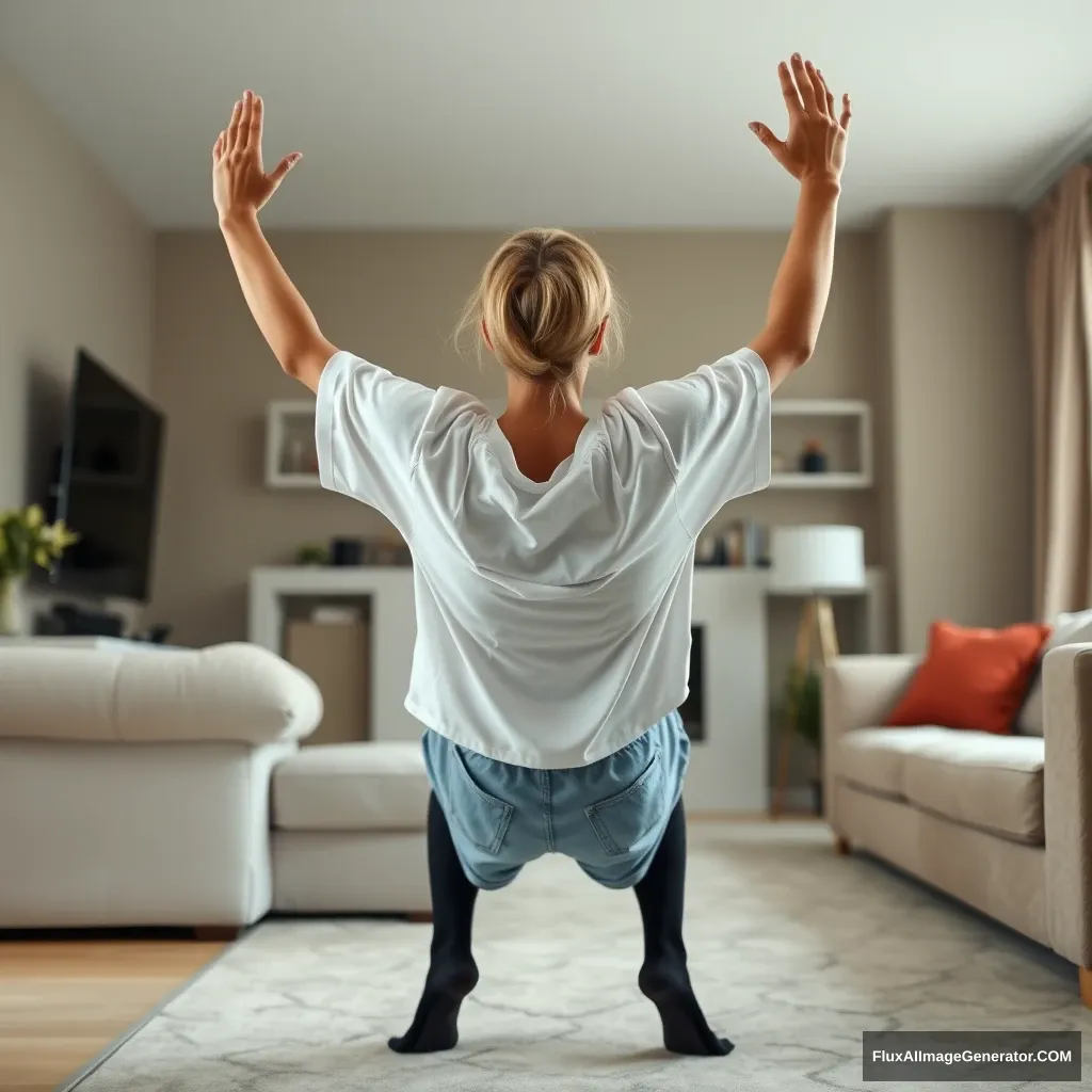 A right angle of a skinny blonde woman in her large living room, wearing an extremely oversized white t-shirt that hangs unevenly on one sleeve, paired with oversized light blue denim shorts that are unrolled. She is wearing black socks without shoes, facing her TV and diving headfirst with both arms raised below her head, which is looking up, while her legs are up in the air at a -60 degree angle. - Image