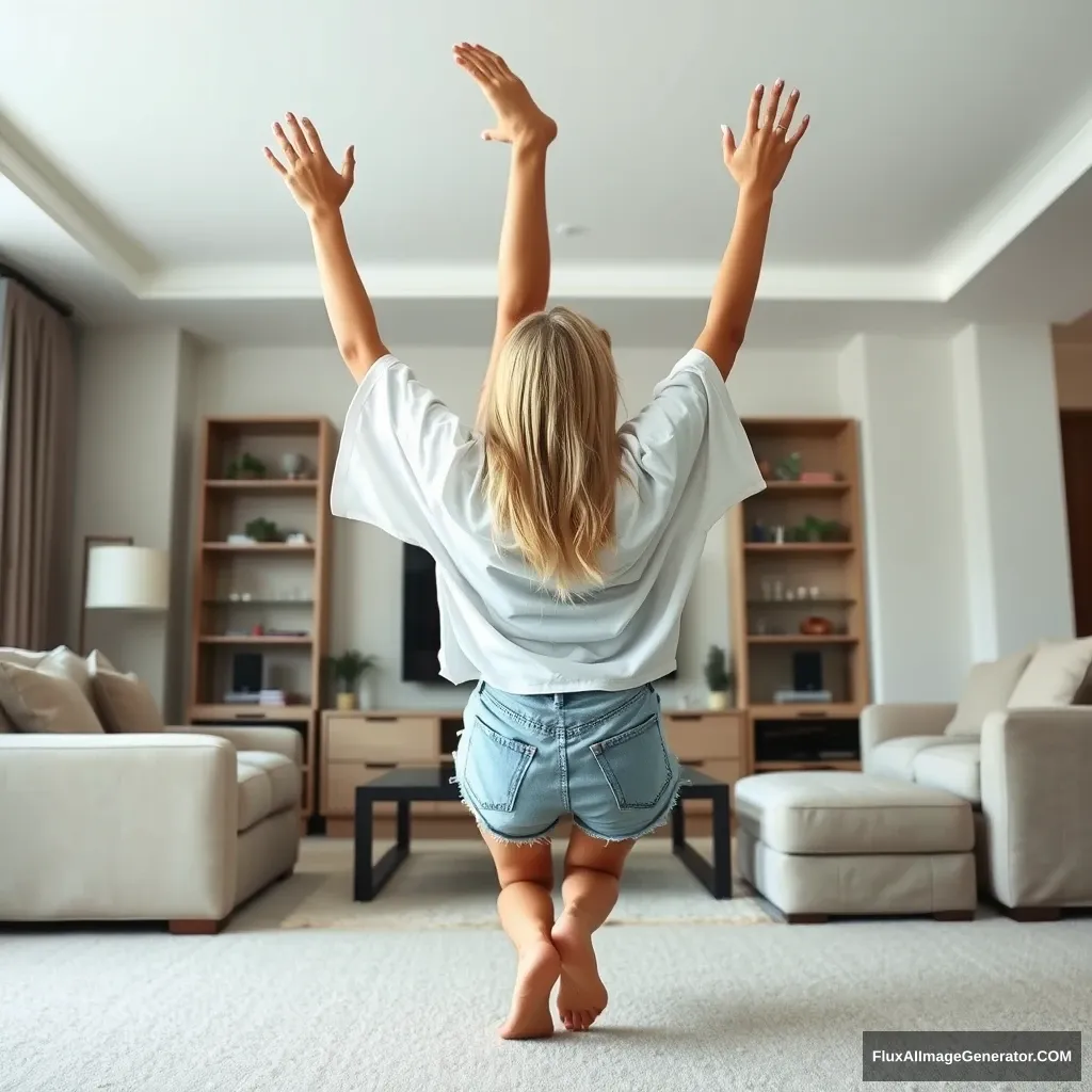 A right angle of a blonde, skinny woman in her large living room, wearing a massively oversized white t-shirt that is very off-balance on one of the sleeves, and oversized light blue denim shorts. She is not wearing shoes or socks and is facing her TV. She dives headfirst with both arms raised below her head, which is looking up, and her legs are up in the air, positioned at a -60-degree angle. - Image