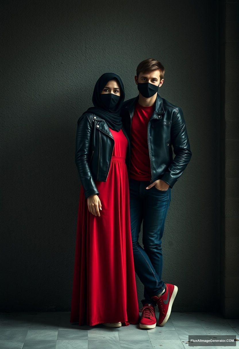 A biggest black hijab girl, beautiful eyes, face mask black, black leather jacket, biggest red longest dress, not tall, standing near him and love, love couple

Jamie Dornan, handsome, youngest, face mask black, fit and tough body, Nike red t-shirt, black leather jacket, jeans, red sneakers, tall man, leaning against the wall, love couple

Hyper realistic, photorealistic, studio photography, Victoria's abandoned castle, gloomy. - Image