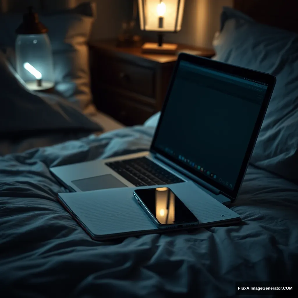 On a laptop, notebook, a pen, phone, on bed, hyper-realistic, studio photography, lantern light, gloomy.