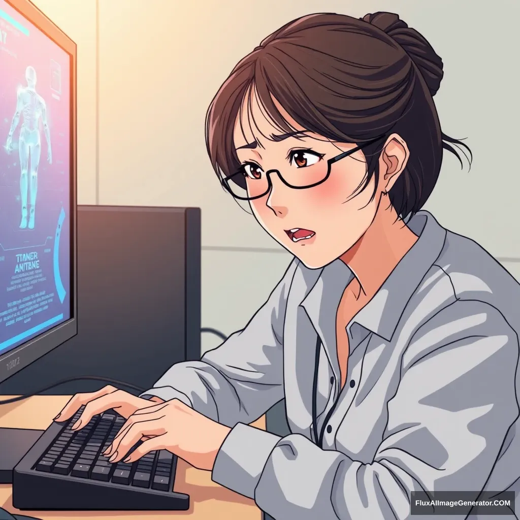 A middle-aged Korean woman, angry while hitting the keyboard, looking at the monitor. The monitor displays generative image AI. Anime style.