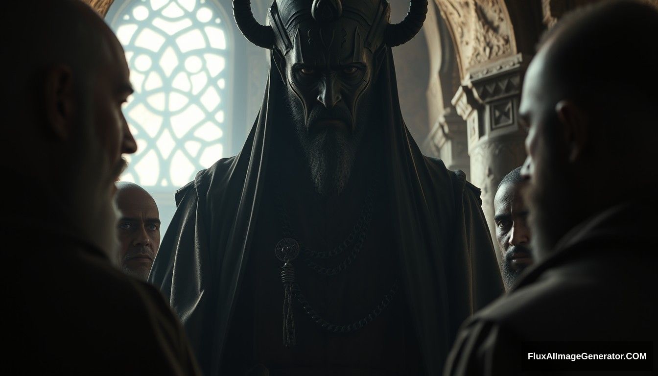 Close-up scene inside the monastery, showing Dajjal asking questions to a group of men. The atmosphere is tense, with Dajjal's imposing figure looming over them. Ultra HD, realistic, intense, with dramatic and cinematic lighting.