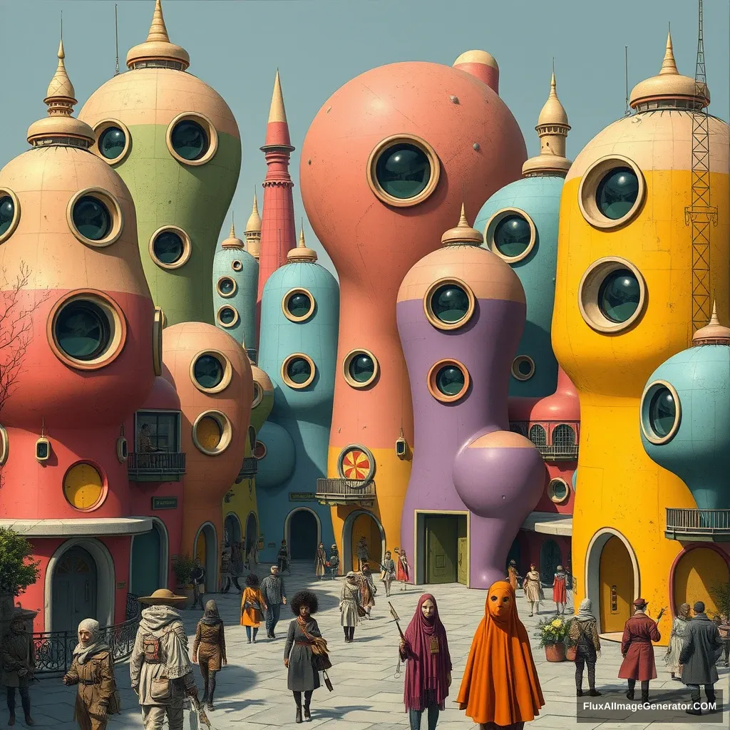 Futuristic town with morphic architecture, circular windows, each building is a different color. People are dressed in strange otherworldly clothes.