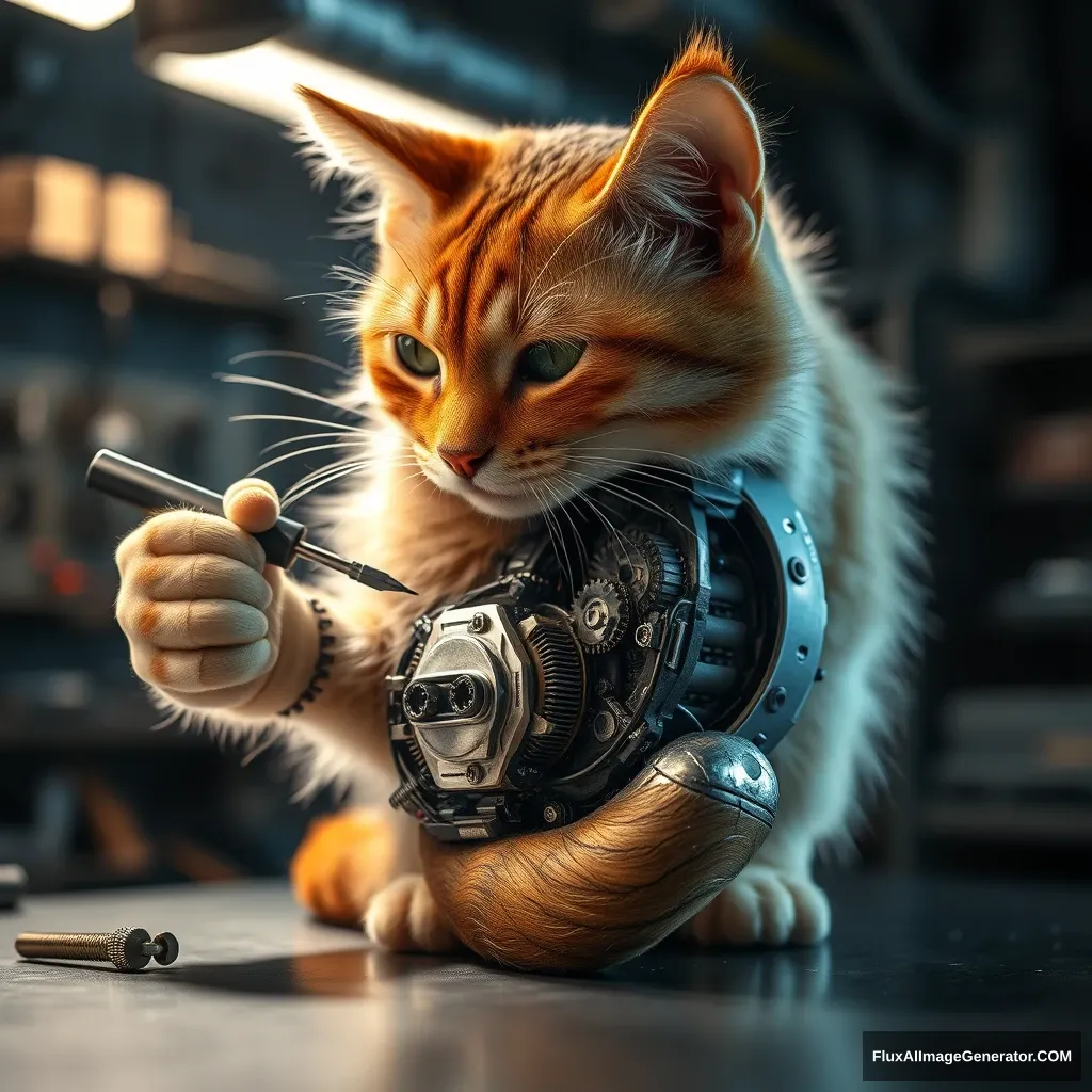 A cybernetic feline, fur glistening under harsh workshop lighting, meticulously repairs its robotic tail with a precision screwdriver. Exposed circuitry and intricate gears within the tail cavity shimmer with oil. Hyper-realistic details reveal every whisker, wire, and reflective surface in this futuristic, yet eerily familiar scene.