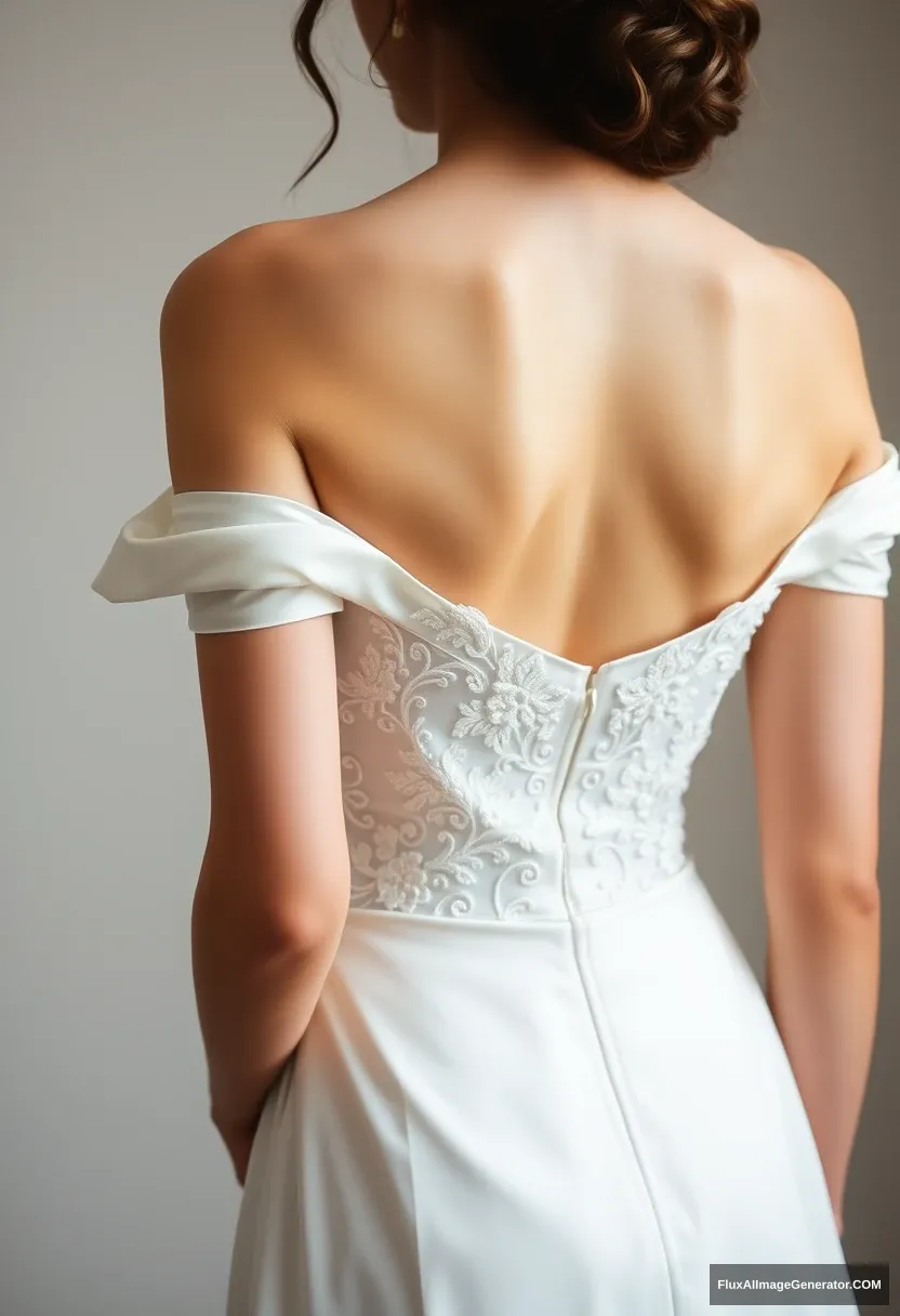 a young woman, sensitive, delicate, ashamed, backless strapless low-waisted petite wedding dress - Image