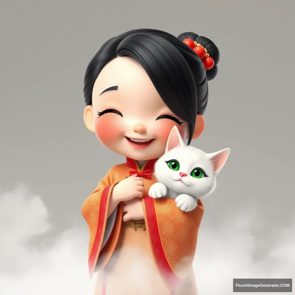 A highly detailed 3D rendering of a cute little Chinese girl dressed in a bright Hanfu with intricate patterns, her hair slicked back neatly. She is joyfully laughing while holding a fluffy white cat with striking green eyes. The scene is surrounded by a soft mist, creating a mystical atmosphere. The background is a smooth light grey gradient, with a realistic touch. The style is a blend of Pixar and cartoon aesthetics, using solid colors. The image is in a 3:4 aspect ratio. - Image