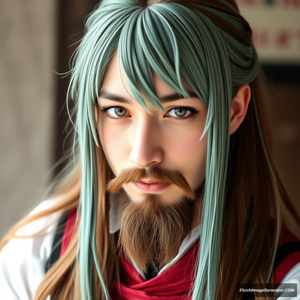 Full body picture of a long brown-haired and short-bearded guy cosplaying as Rimuru. - Image