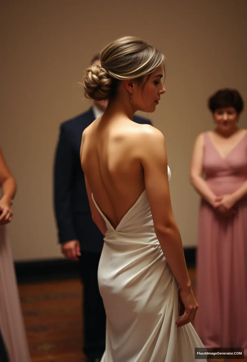 A short young woman, sensitive and delicate, wearing a backless, strapless, side-less, low-waisted, contouring wedding dress with a loose open back that spills to the sides, appearing as if it was intentionally left undone, in front of elder patriarchy, expectations, and perfect posture.