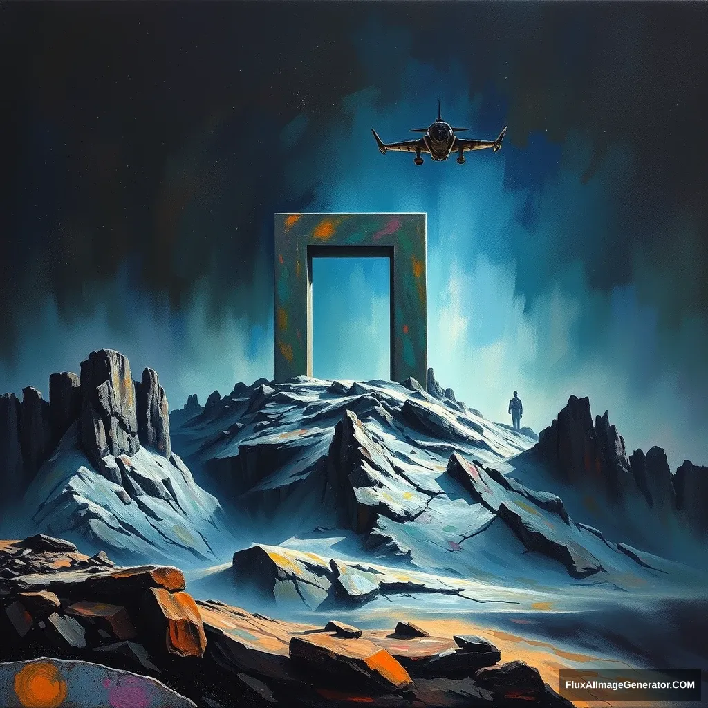 OIL PAINTING, IMPRESSIONISM, (masterpiece, best quality, ultra-detailed, best shadow), (detailed background), realistic, (Rembrandt), <lora:painting:0.9>, monumental stargate portal sitting at the top of a desolated mountain by Aleksi Briclot and Ruan Jia and Filip Hodas and Android Jones, color field painting, (large swaths of color):1.2, abstract expressionism, bold hues, emotional impact, atmospheric depth. - Image