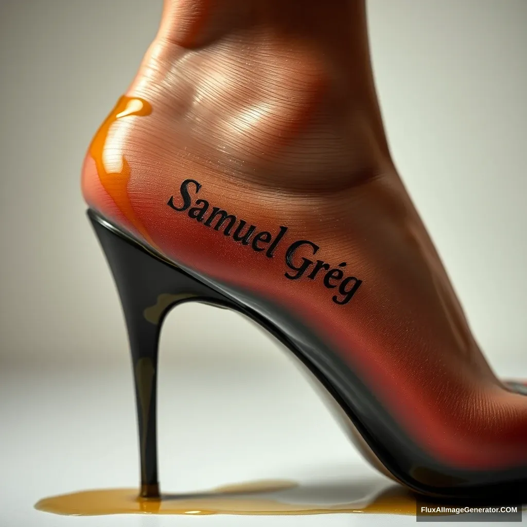 The name "Samuel Greg" on a woman's foot in a black high heel. There is oil all over the foot.