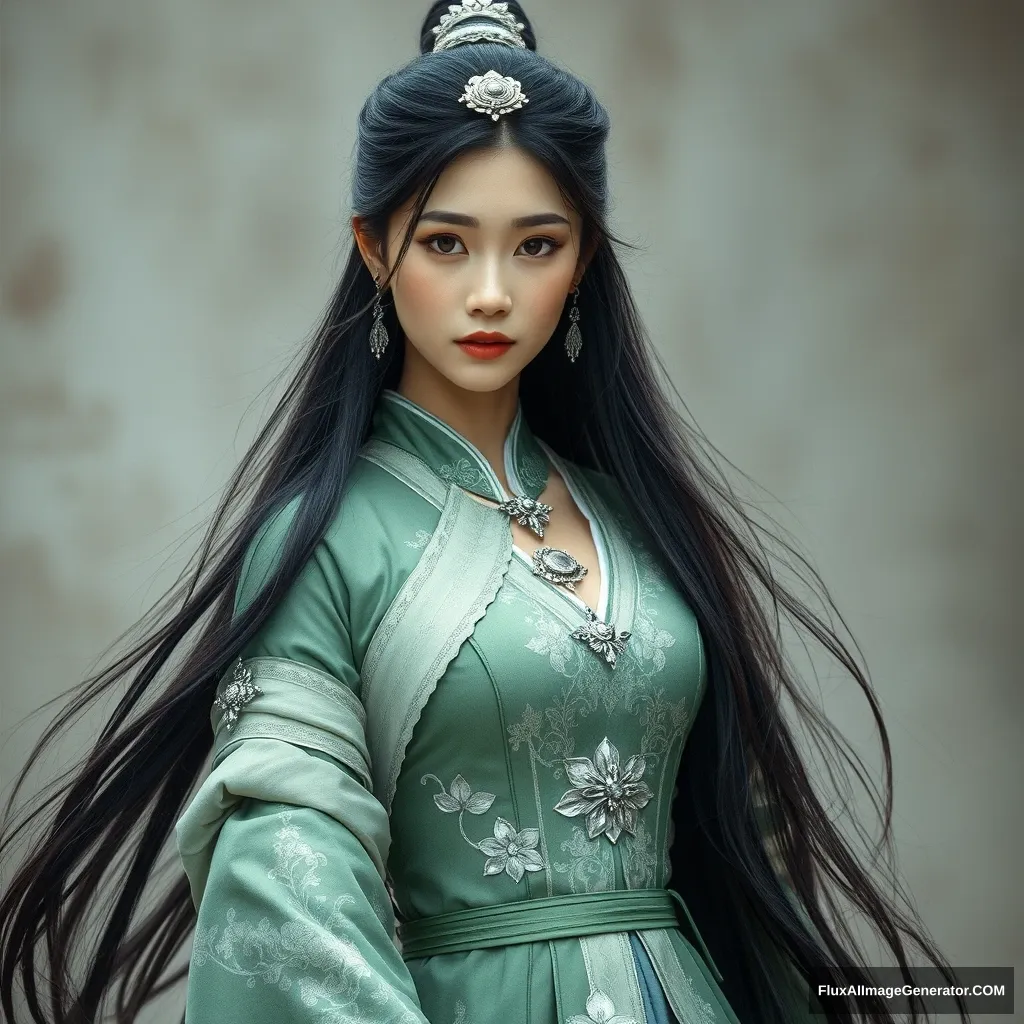 A beautiful woman in ancient costume, with an Asian face, fair skin, mature charm, long black hair, a simple silver headdress, wearing a fitted outfit in grass green and silver white with silver floral patterns, a shawl, tight sleeves with arm guards, delicate decorations on the clothing, vintage style, ethereal and agile, full of charm, long hair in ancient attire, long legs, tall figure, exuding the aura of an ancient female warrior, wearing greenish fine strap high-heeled shoes. - Image