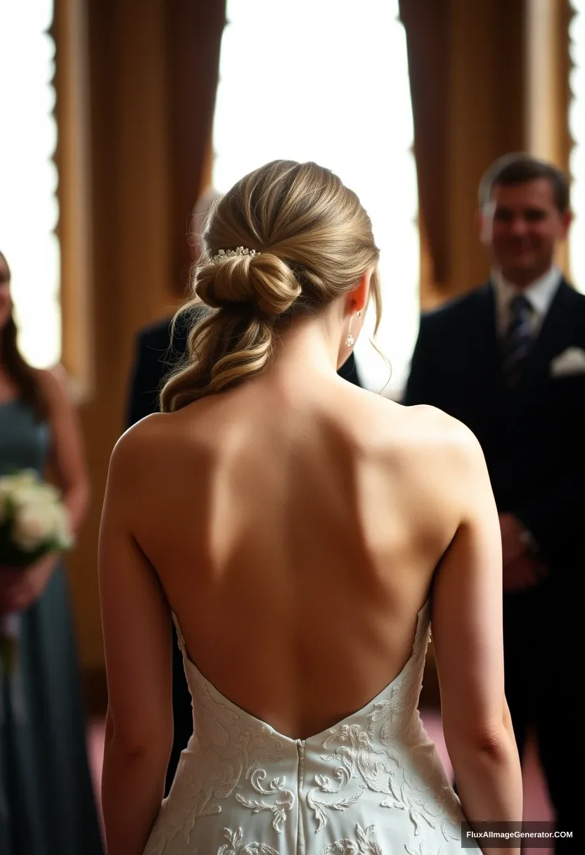 A young woman, sensitive, delicate, ashamed, backless strapless small-waisted wedding dress, in front of patriarchy. - Image