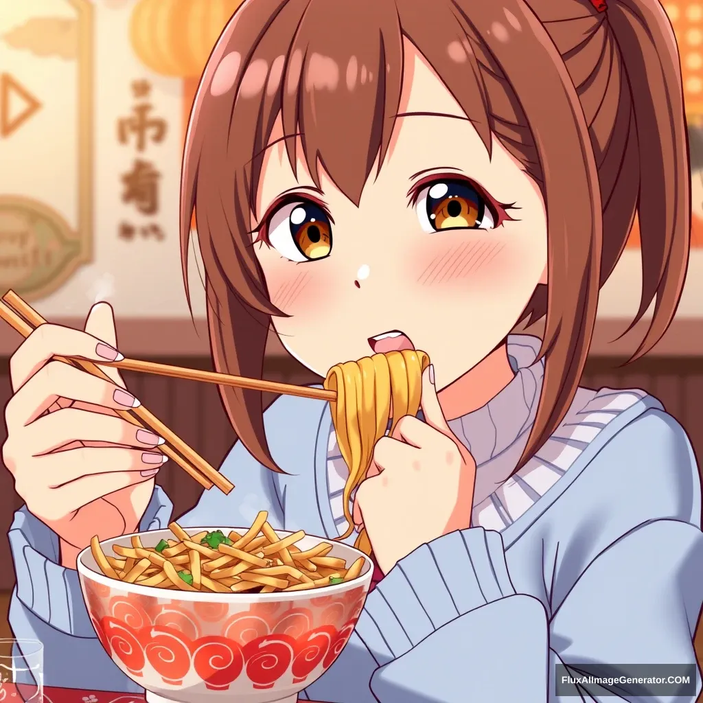 Anime girl with brown hair eating Chinese food. - Image