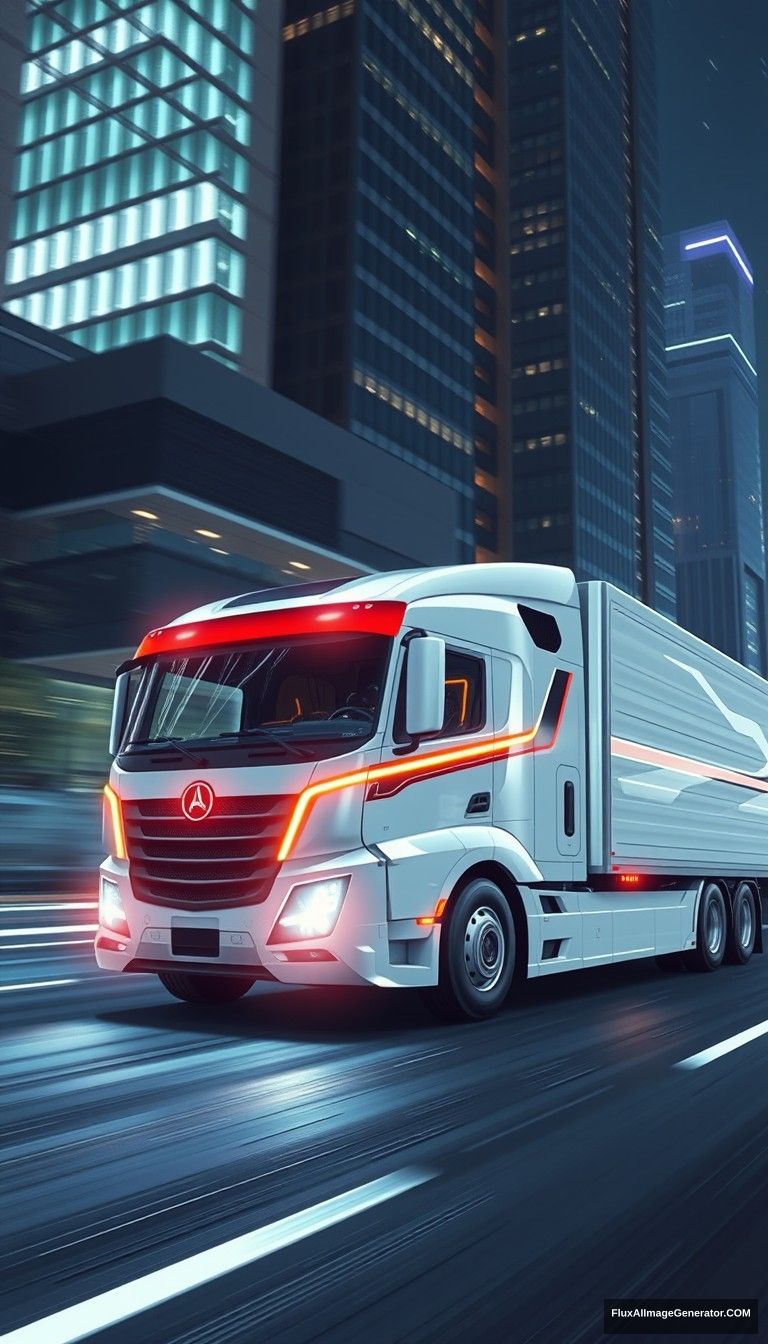 The truck has simple and dynamic lines, the future city, driving high-tech trucks, speed lines, glow, the overall picture is bright and clean, full of future sense. - Image